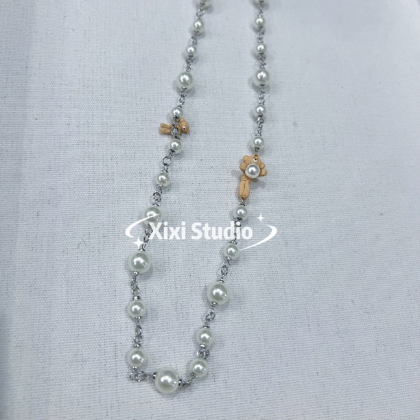 铜合金仿珍珠项链 珠珠小熊链百搭精致项链毛衣链绝美饰品