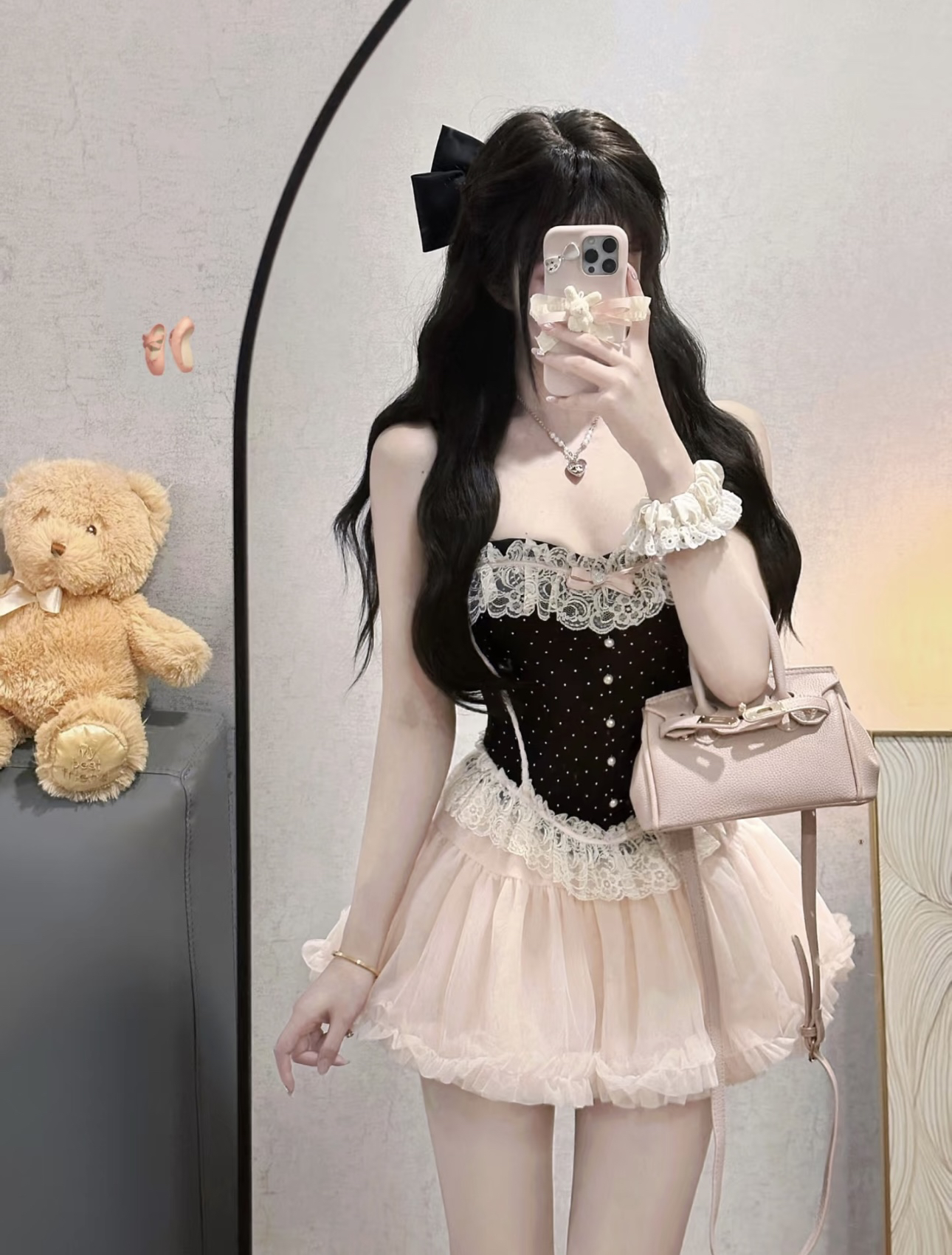 古董doll/纯欲蕾丝波点胸衣多层纱云朵蓬蓬短裙两件套装