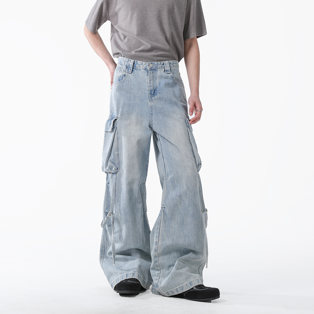 Jaaniste重工工装牛仔裤男士潮牌宽松直筒做旧水洗多口袋高街长裤