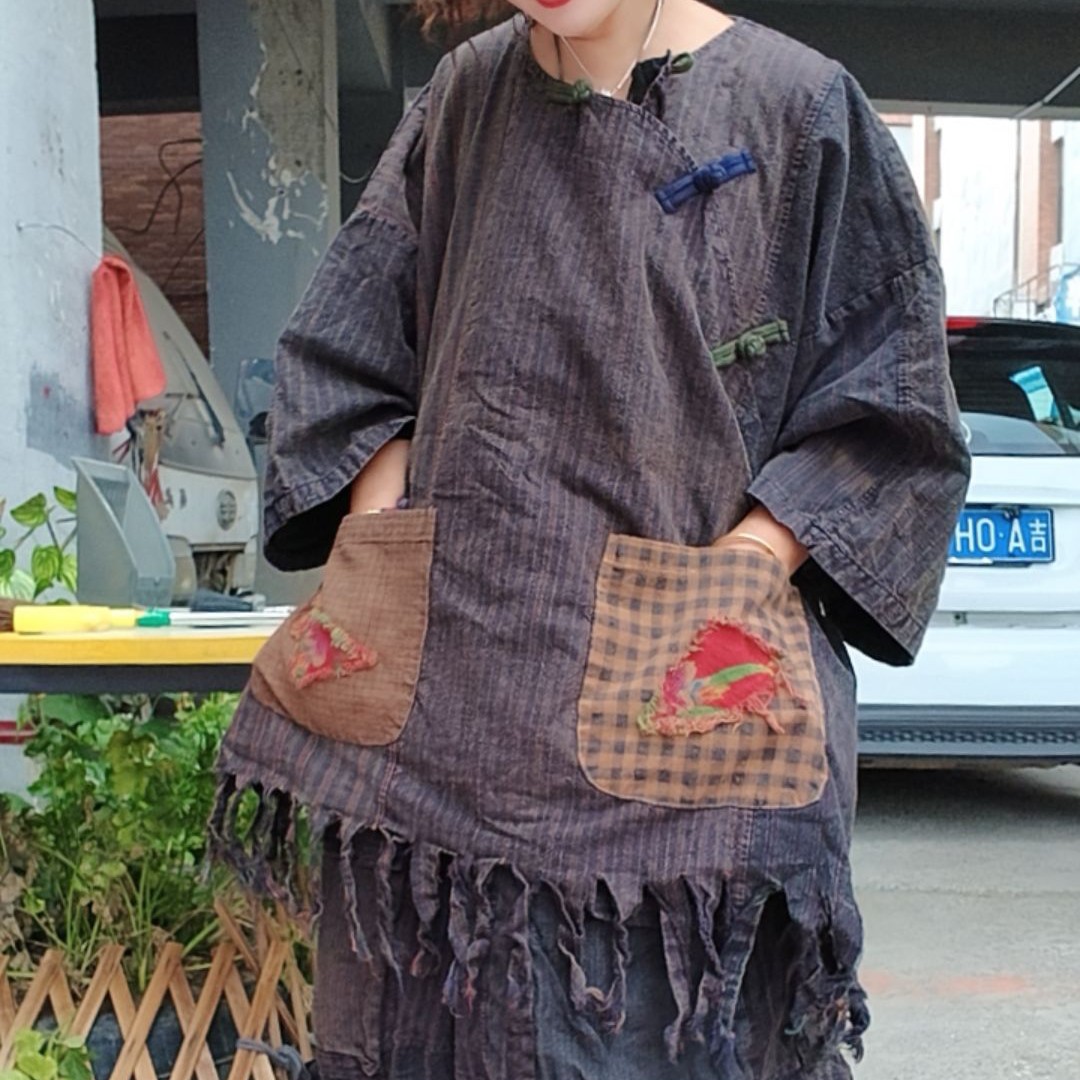 无吊牌做旧老布两个口袋盘扣双层流苏衫直播间自选条纹