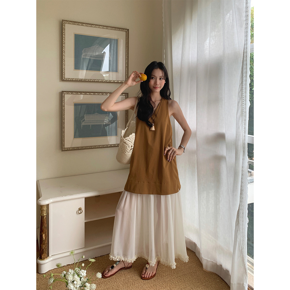 爱西里2025夏季气质v领撞色木耳边拼假两件雪纺休闲连衣裙女
