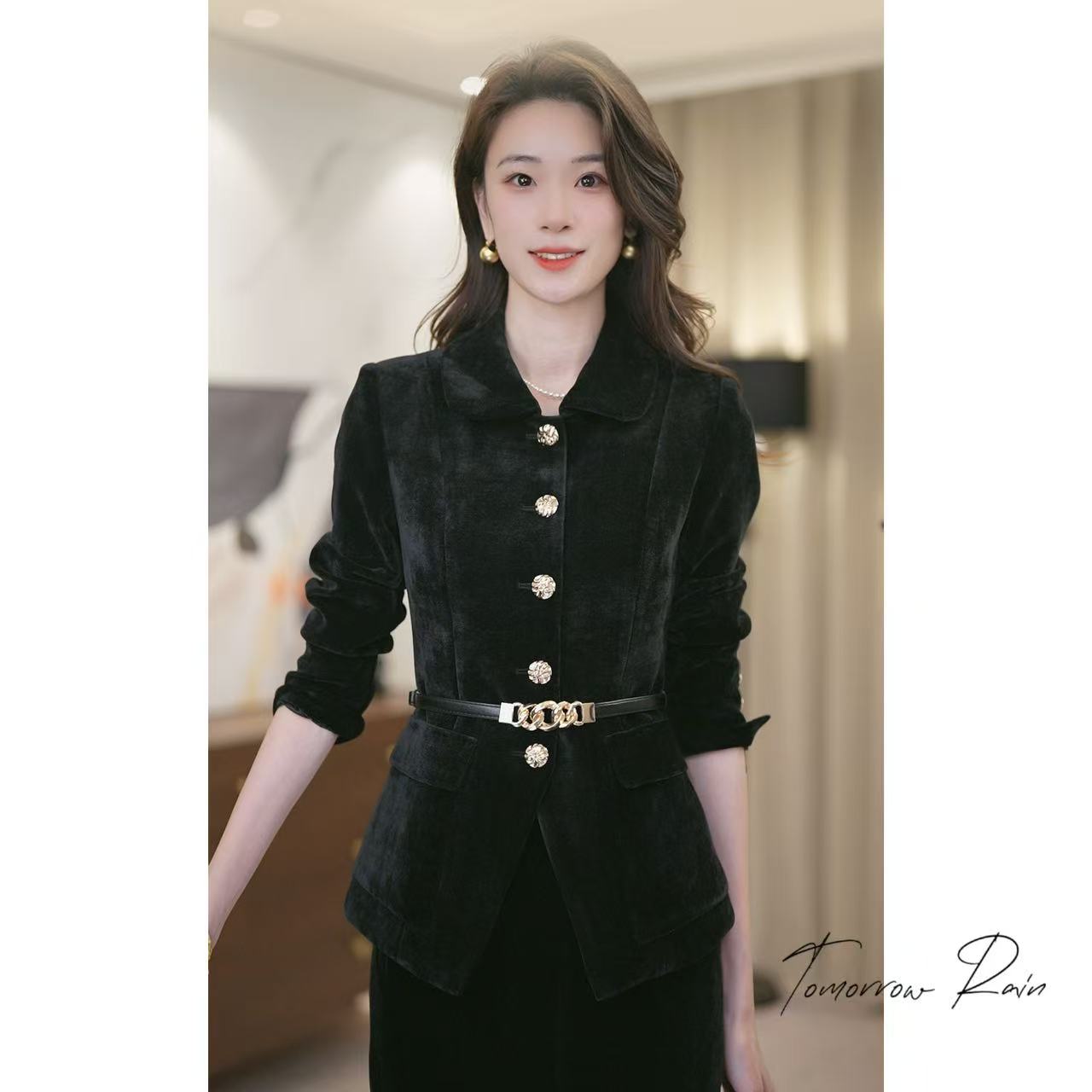 明日有雨 |推荐黑色长袖西服套装新款收腰显瘦通勤百搭(PX393）
