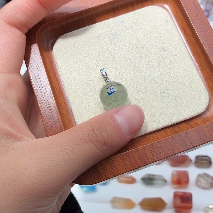 银S925镶嵌水晶珠宝半成品s925银镶嵌绿幽灵水晶和s925银扣天蓝