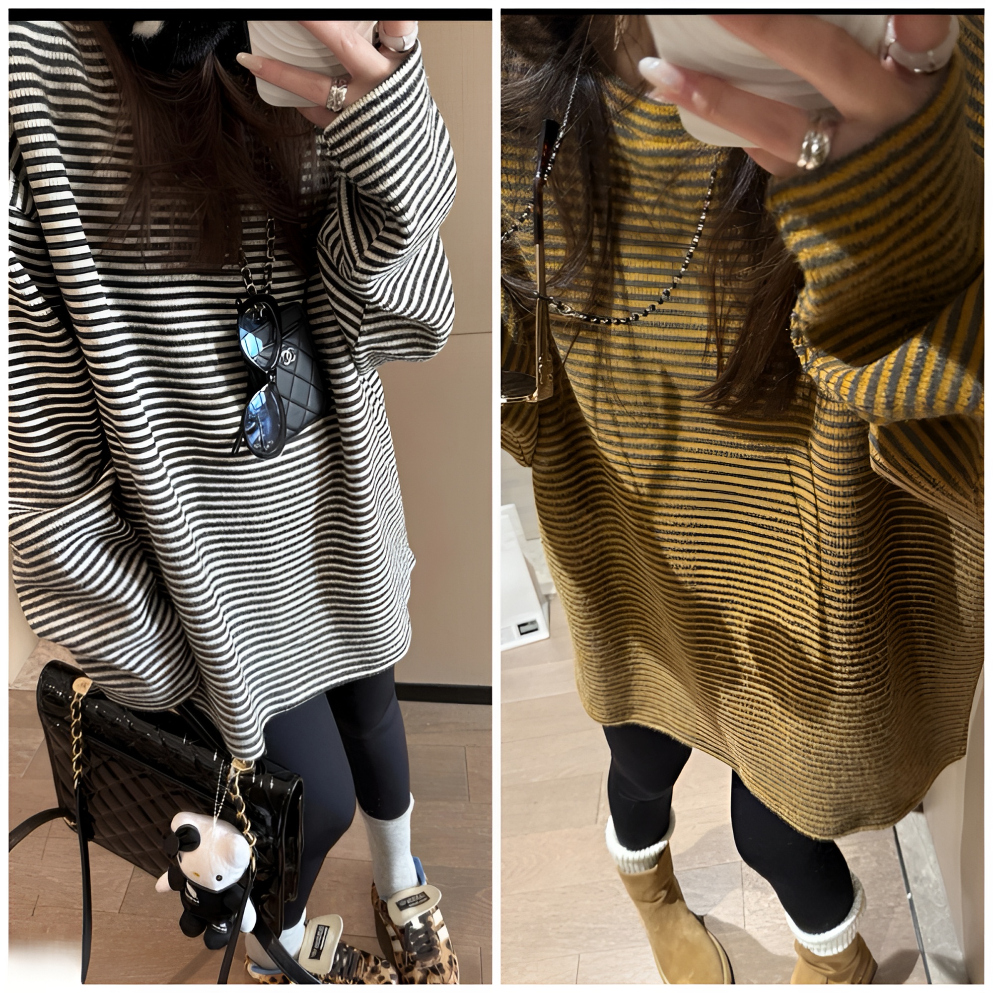 2025新款冬季韩版时尚条纹打底衫休闲慵懒耐磨保暖T恤女上衣6061