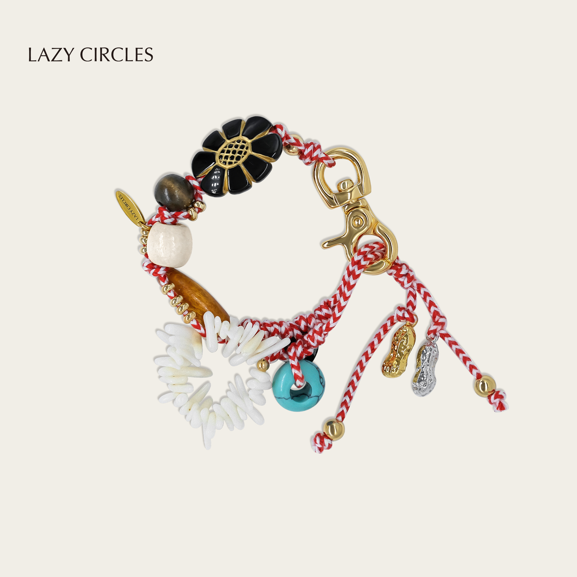 LAZY CIRCLES 铜合金木质手链 花舞贝壳钥匙扣手链红色编织挂饰