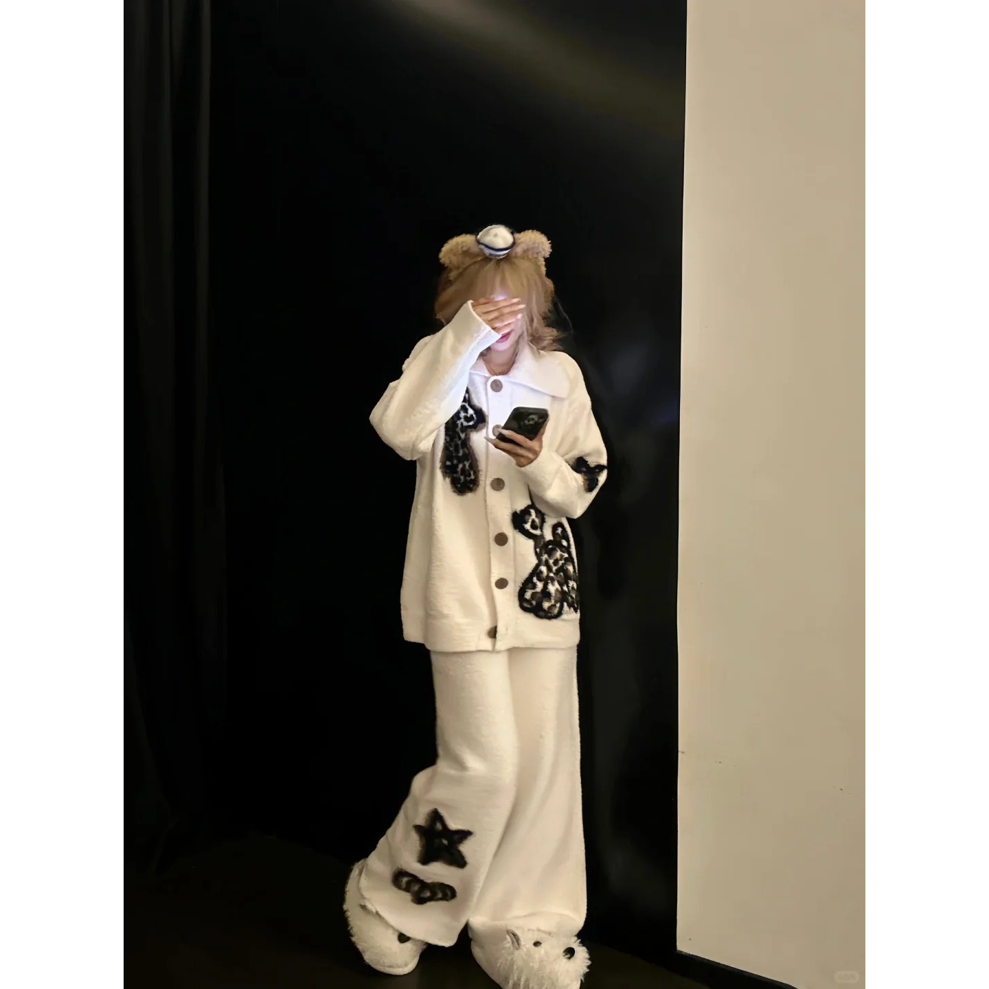 韩版黑白百搭半边绒睡衣套装女秋冬2025年新款冬天加绒加厚家居服