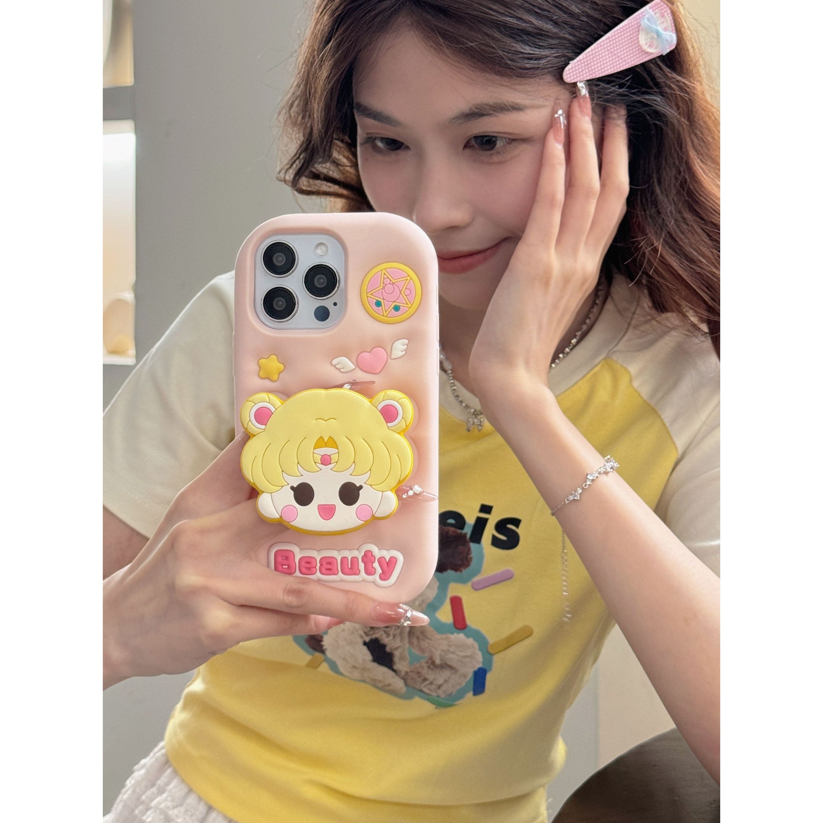 苹果|卡通美少女支架适用iPhone16少女款ins可爱15创意硅胶手机壳