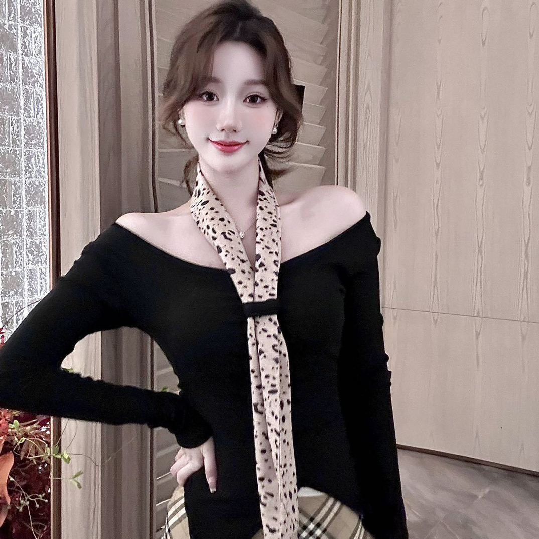 纯欲辣妹风春秋豹纹飘带V领长袖T恤修身显瘦内搭打底上衣