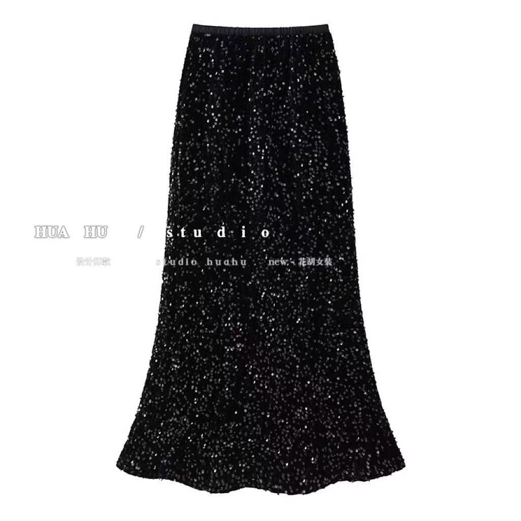 秋季亮片丝绒慵懒风韩系垂顺中长款a字鱼尾裙女新款裙子