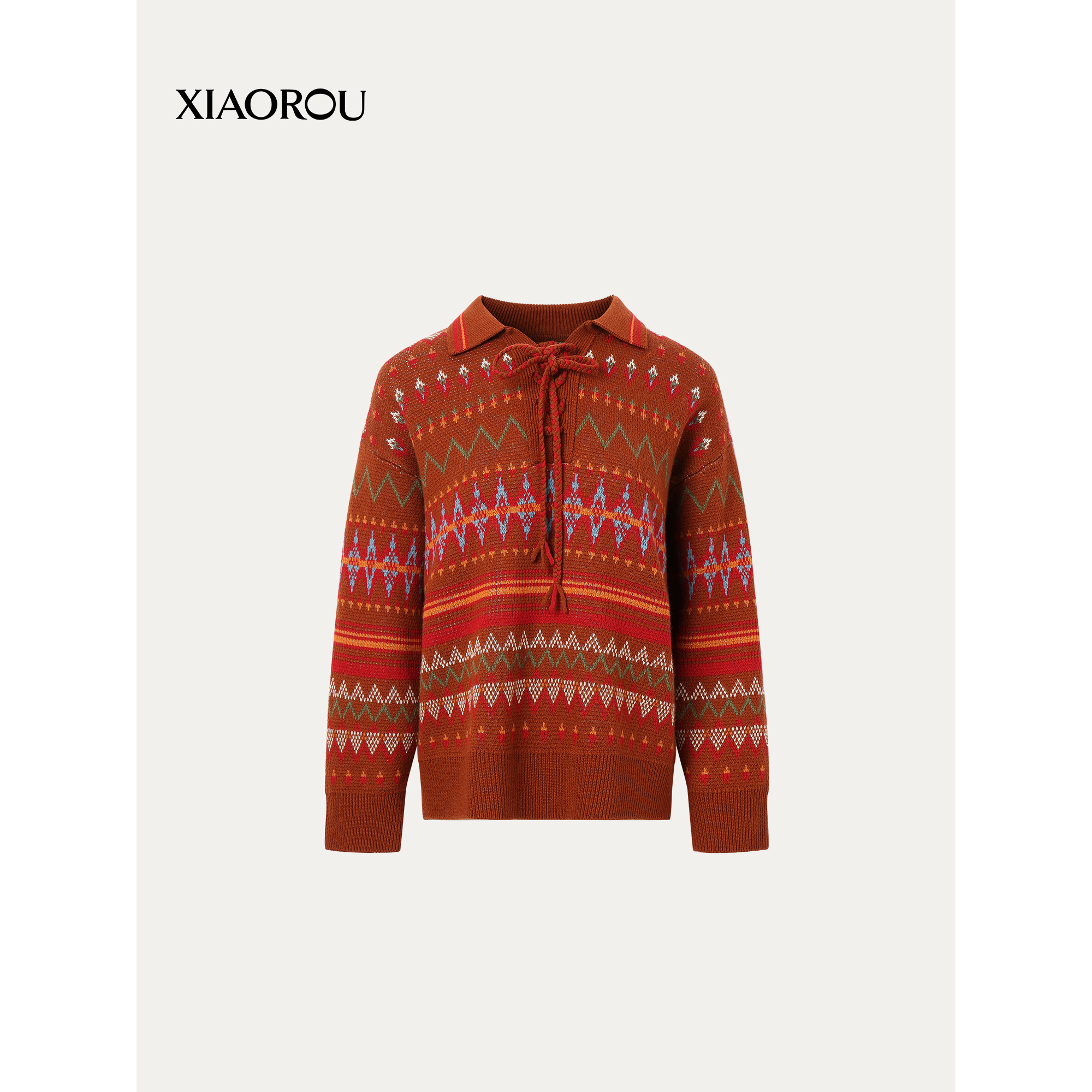 XIAOROU/小柔YM952设计感100羊毛撞色费尔岛手工编织羊毛针织衫