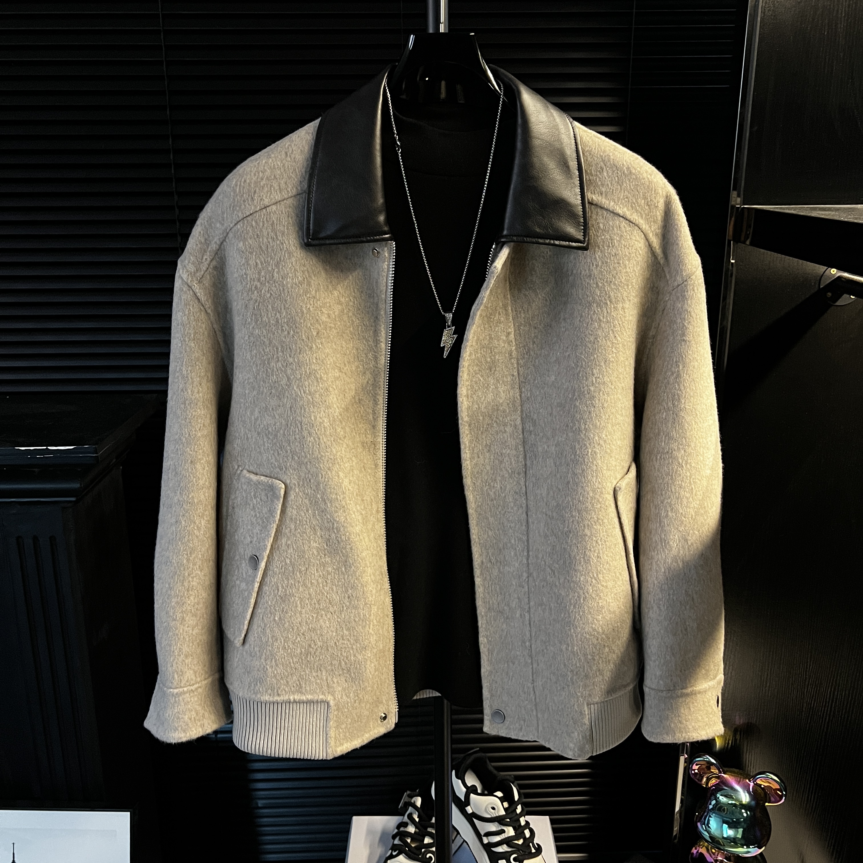 MZ-绵羊毛双面呢外套拼接pu皮领男无缝锁边毛呢高级感夹克