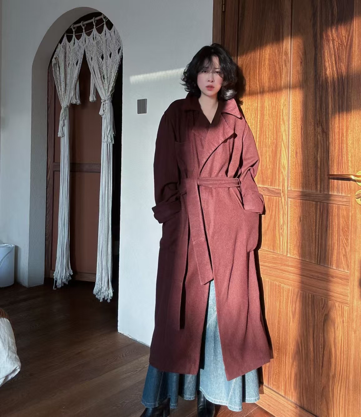 95新 maje 深棕色中性风长款大衣