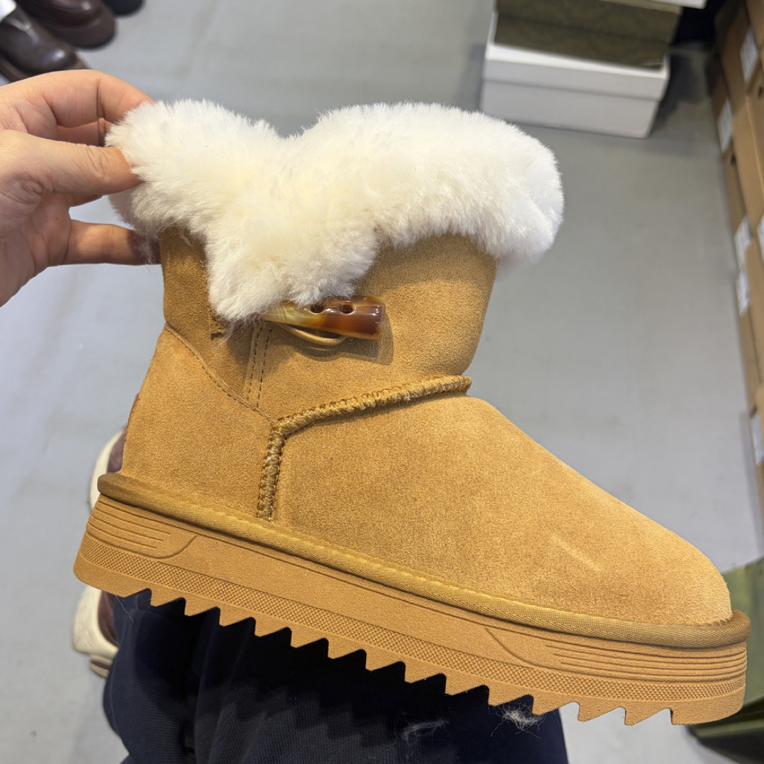 【羊角扣厚底】真皮牛角扣雪地靴女冬季中筒厚底羊毛口保暖防滑