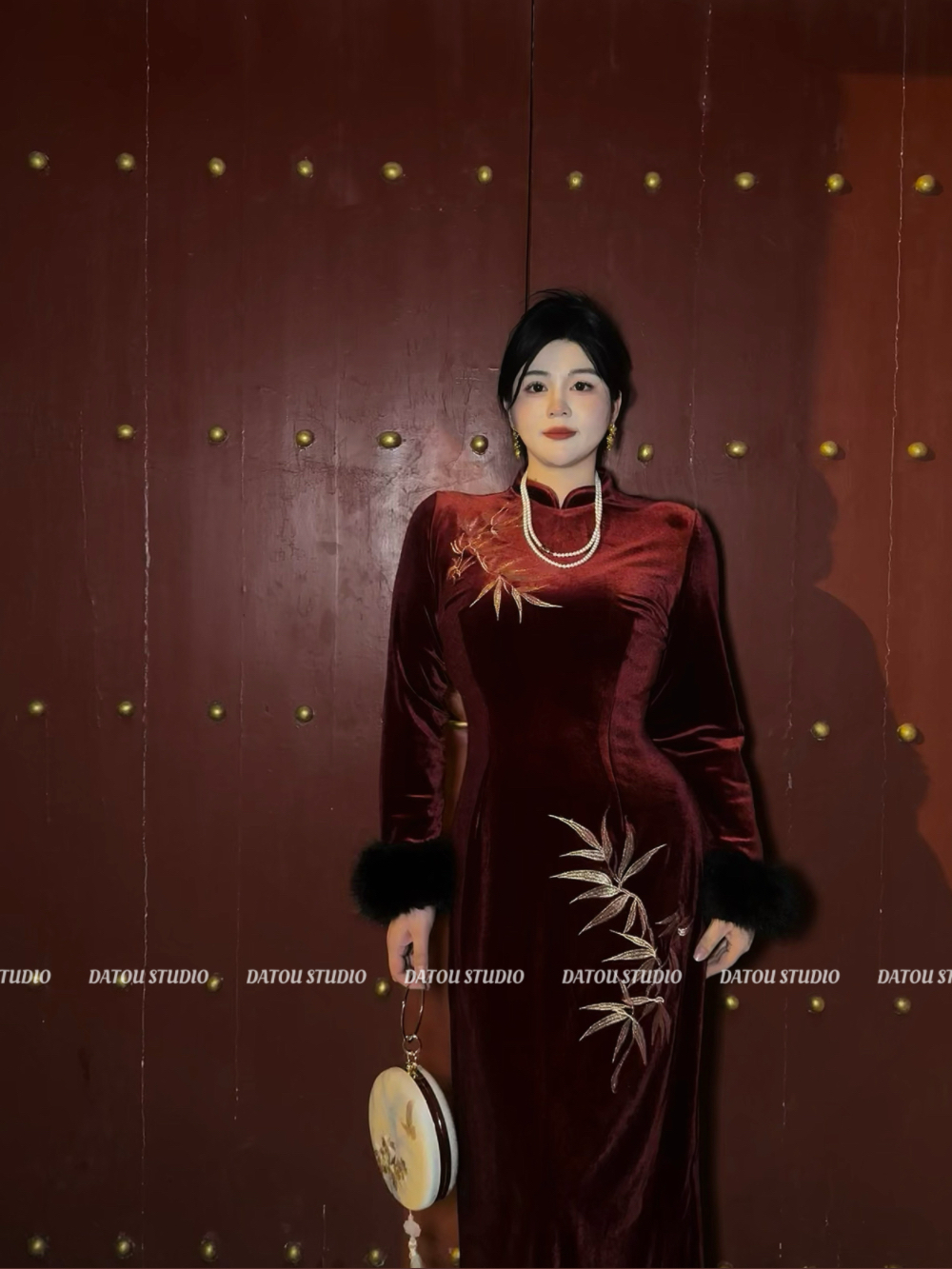 【回款青青】哒头【金丝红竹】微胖mm大码2024新中式修身丝绒旗袍裙女