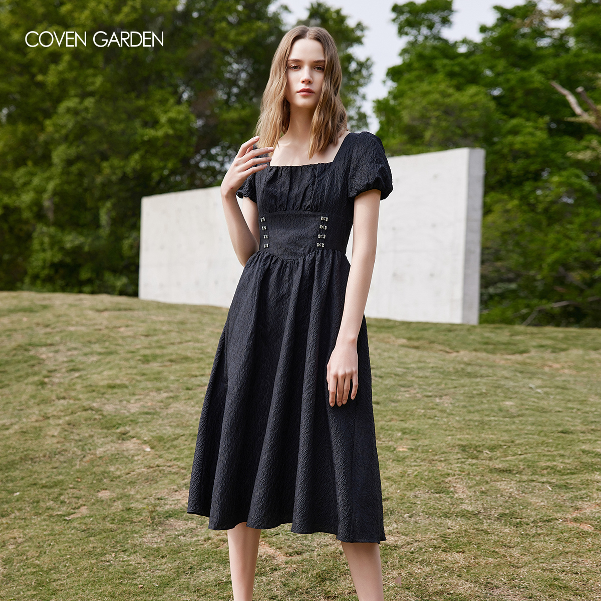 哥文花园 夏季收腰碎花提花复古公主连衣裙长裙CLA2081670