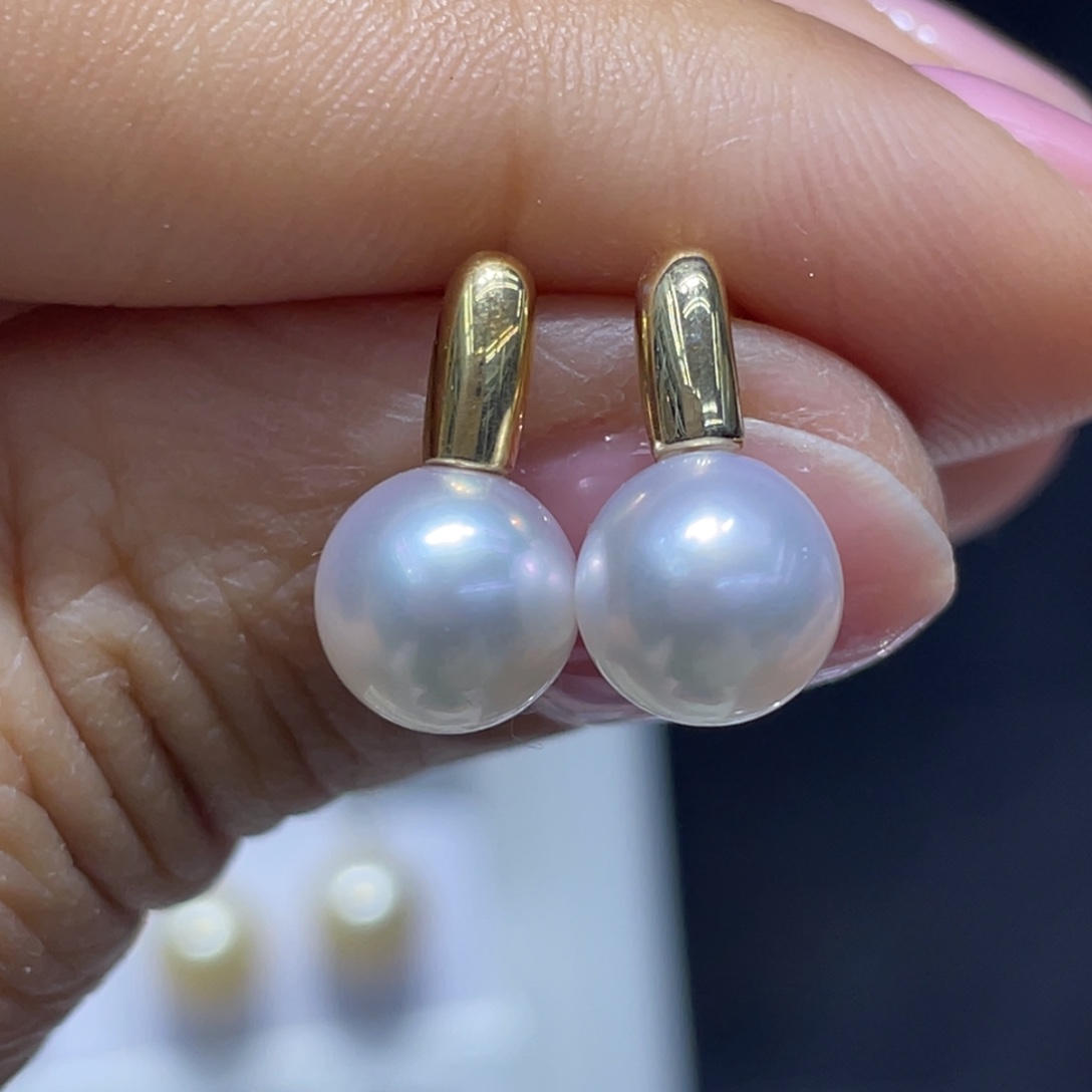 18K金镶嵌海水珍珠耳饰7.5-8mmAkoya