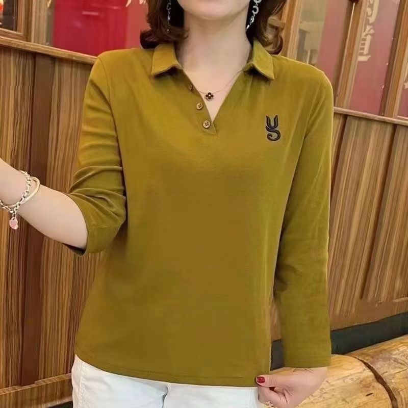 2025女装早秋新款V领长袖日常流行t恤女士polo领衫显瘦减龄女上衣
