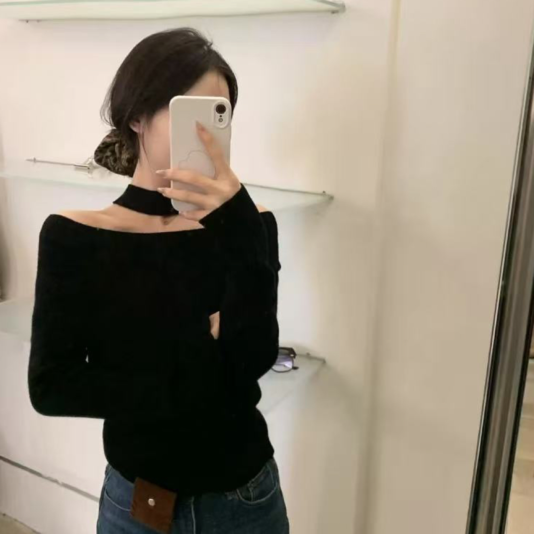 修身长袖中长款极简风一字领时尚百搭黑色打底针织衫