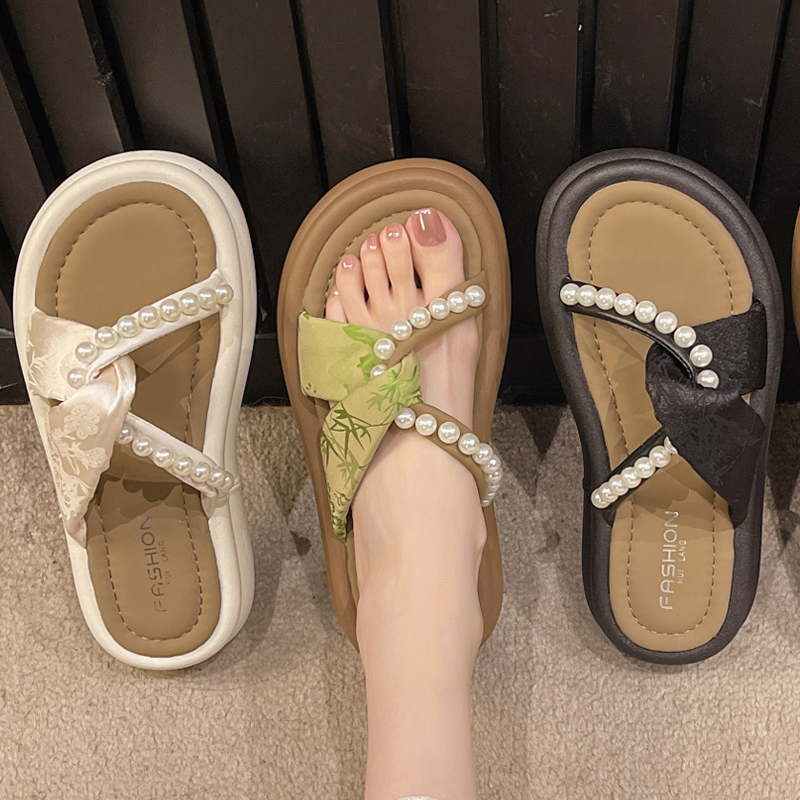 厚底凉拖女外穿夏季新款仙女风中跟复古珍珠带松糕一字女士凉拖鞋