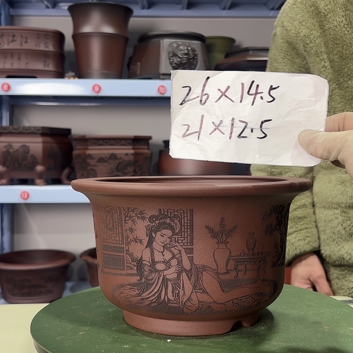 花盆紫砂刻绘国色天香