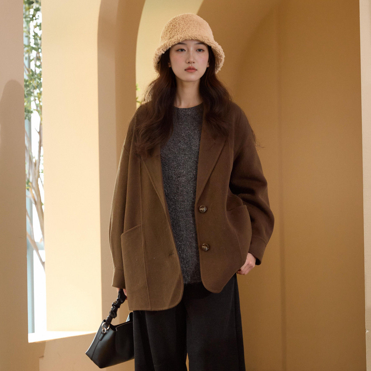 【首次PO价】西町村屋韩系文艺大廓型双面呢中长款大衣HD8209034