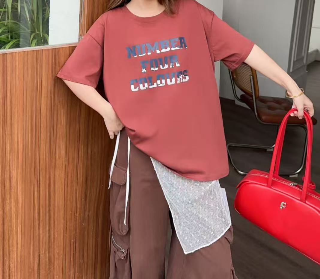 BA家A2852复古红NU英文宽松T恤