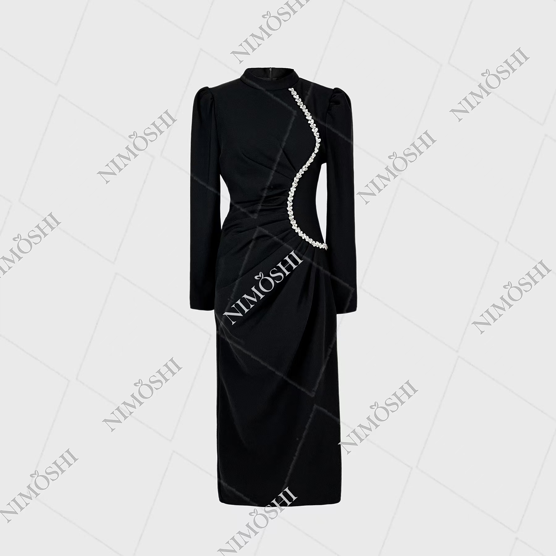 【娴总】—【臻宝流光】法式收腰褶皱重工钉钻黑色显瘦长裙小黑裙Q1104