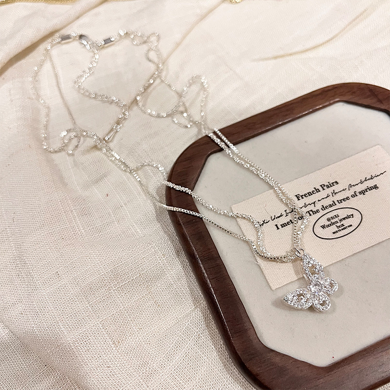 铜项链 波光粼粼双层蝴蝶锁骨链女轻奢小众高级感毛衣链配饰7487