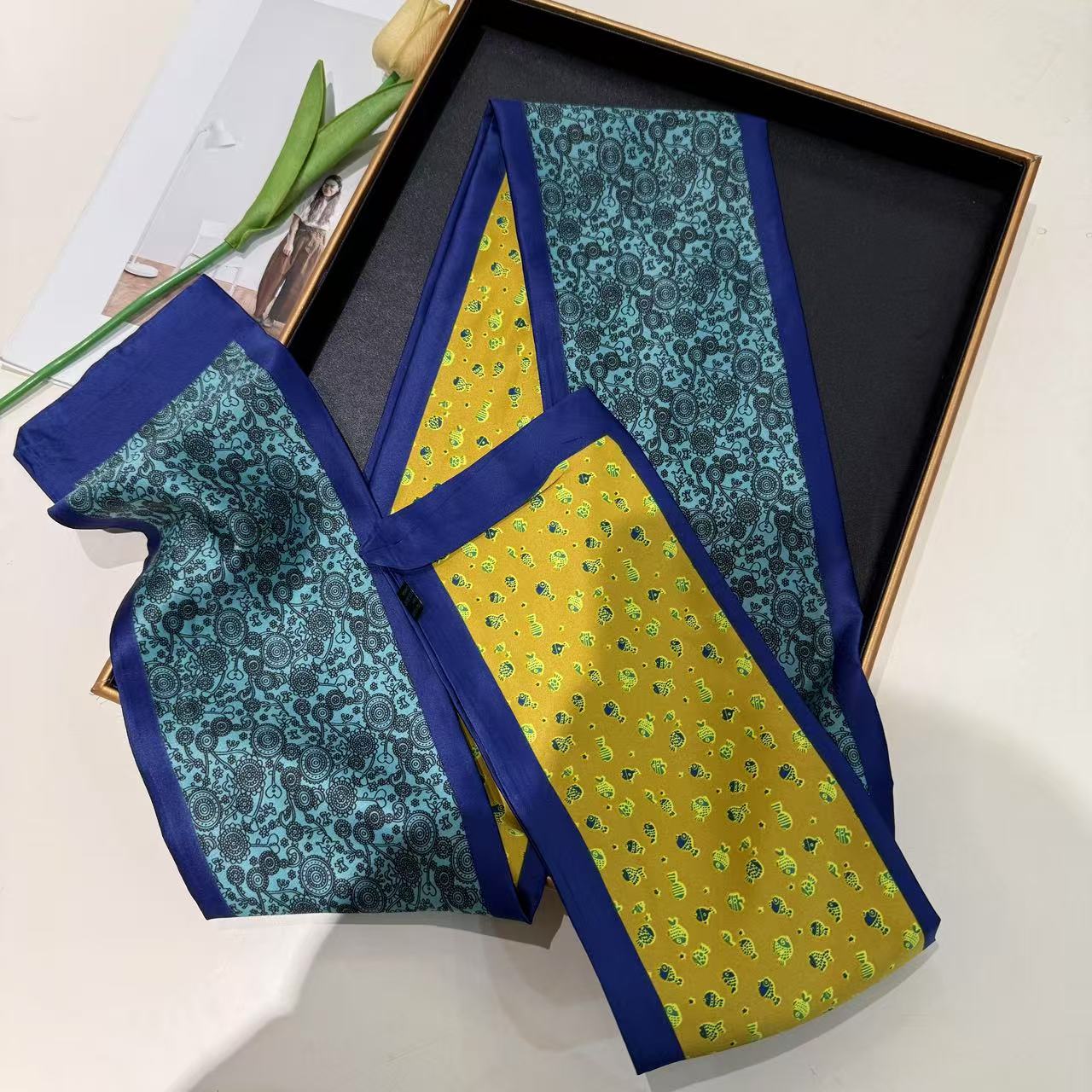 【蓝调】飘带长巾经典时尚气质搭配优雅小领巾夏季双面