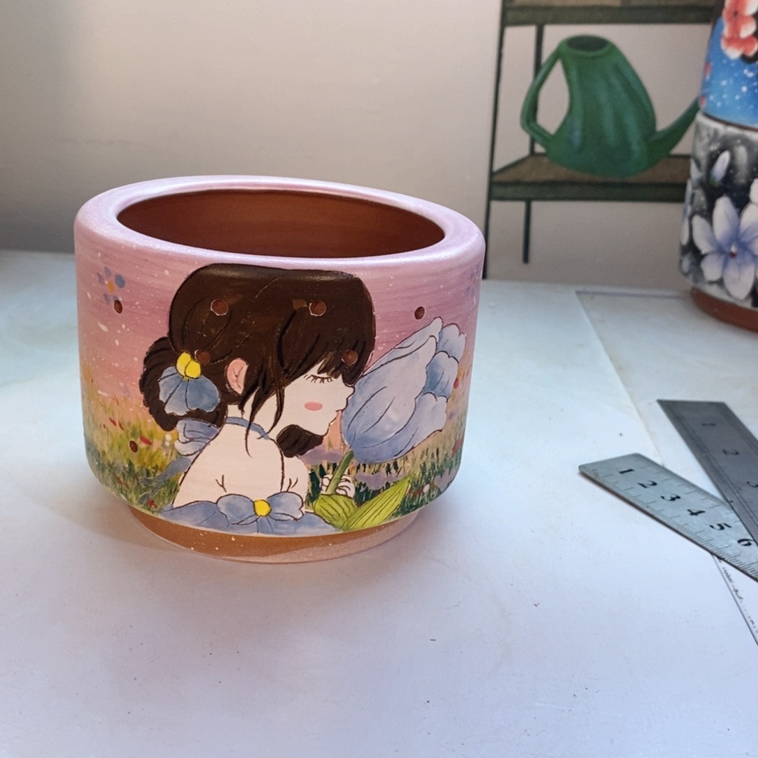 紫砂花盆红陶手绘花盆