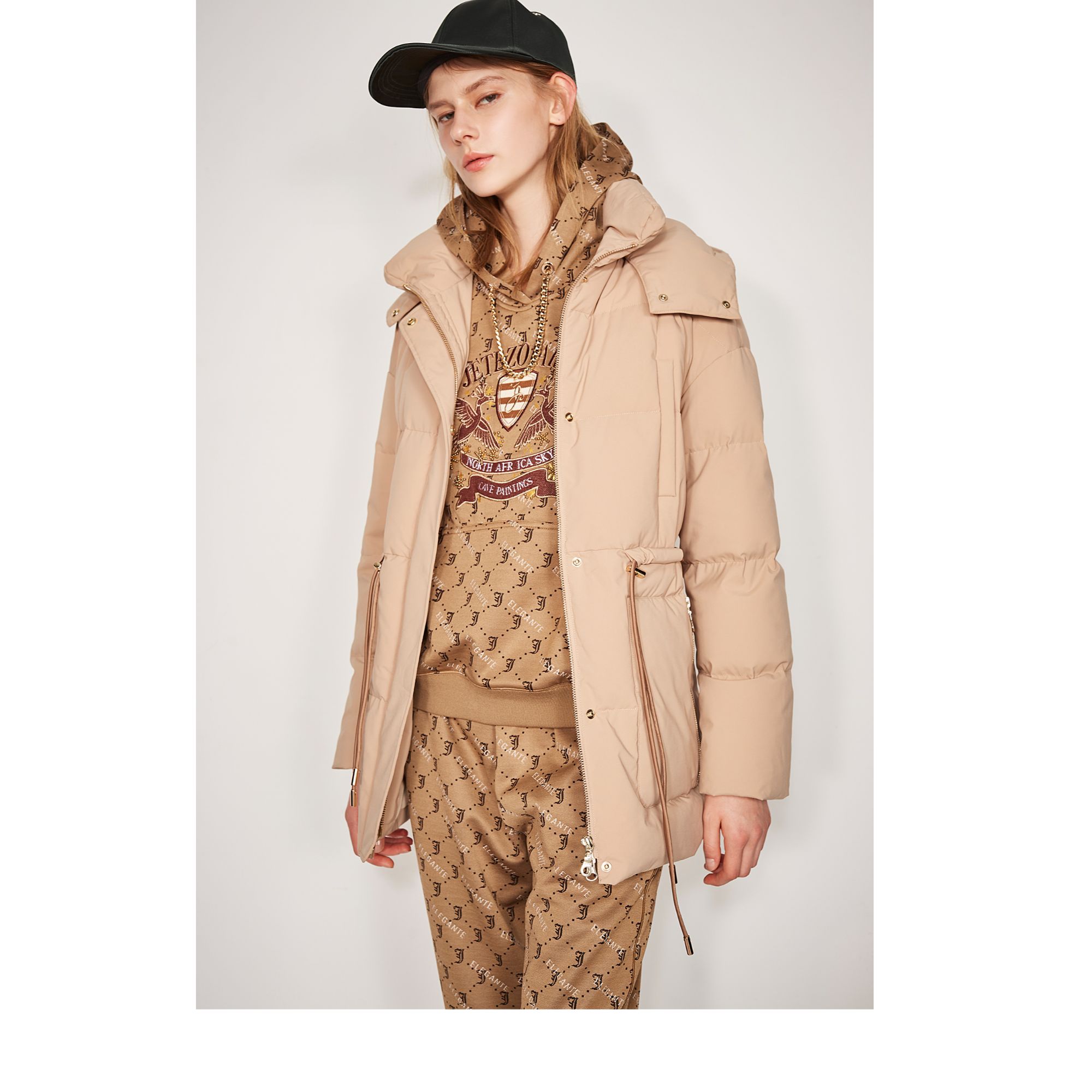 JETEZO/裘堤婼时尚女款中长款连帽可调节百搭羽绒女BC15432D1