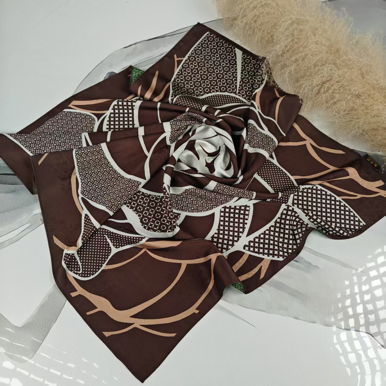 复古【咖韵山茶】70*70重磅香云花萝高货重磅国风高端丝巾-D7