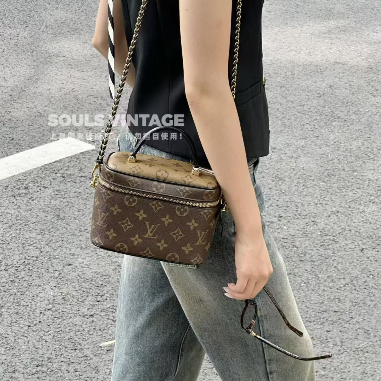 95新 LouisVuitton/路易威登 老花拼色手提斜挎化妆盒/666453858