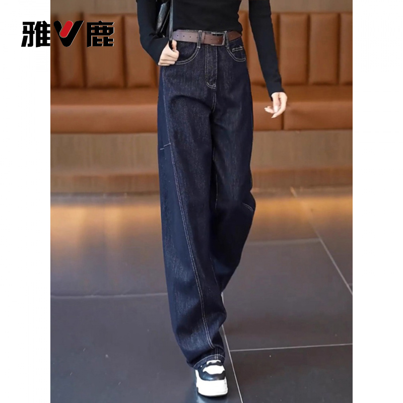 雅鹿时尚百搭窄版牛仔阔腿裤女2025年秋冬季高腰宽松显瘦弯刀裤子
