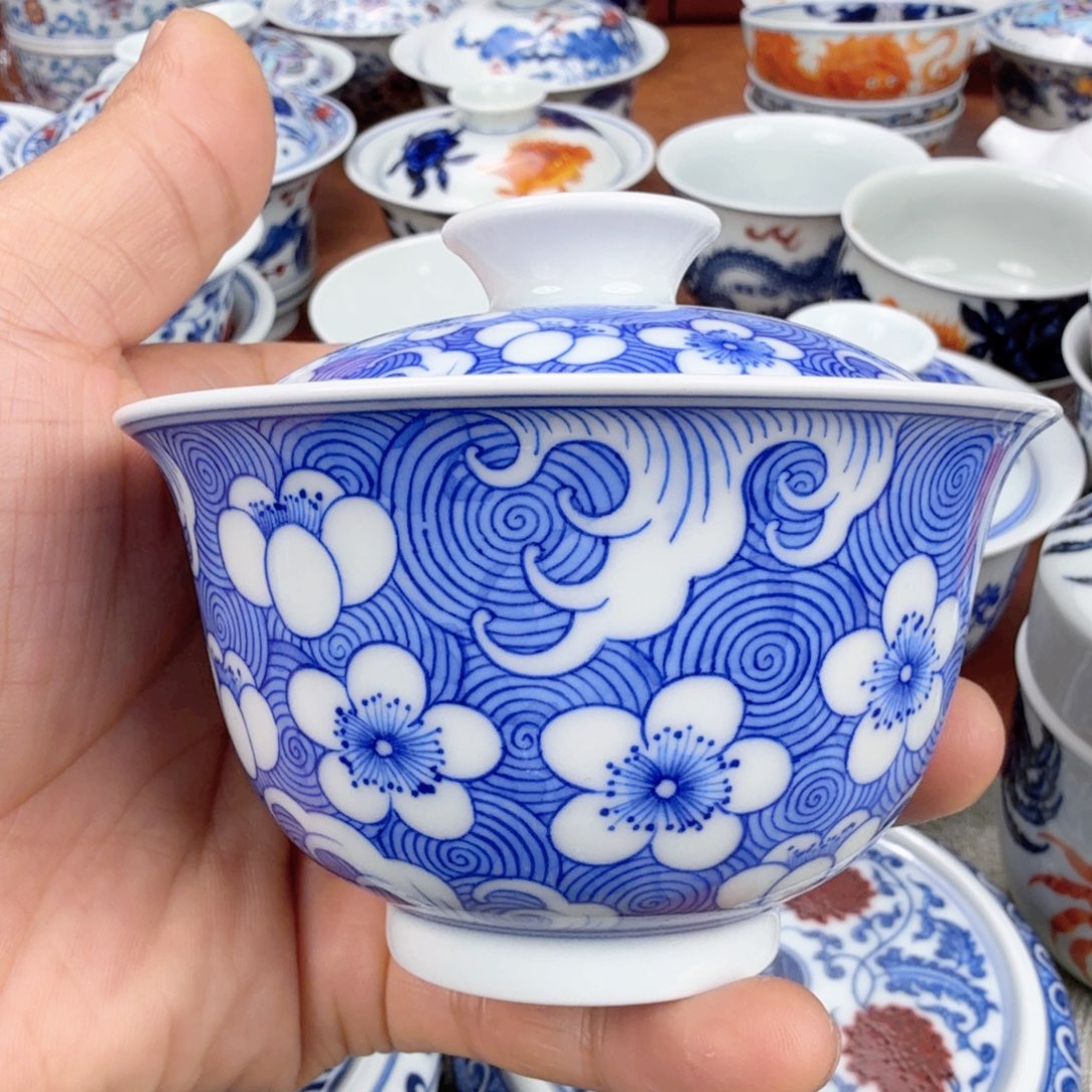 陶摆件瑕疵青花盖碗