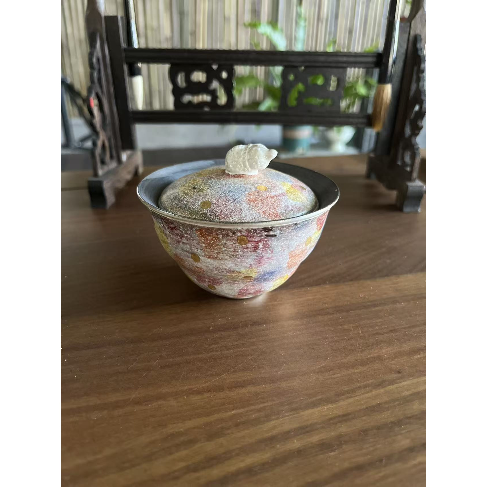 岩矿手工彩虹釉洒金葫芦盖碗