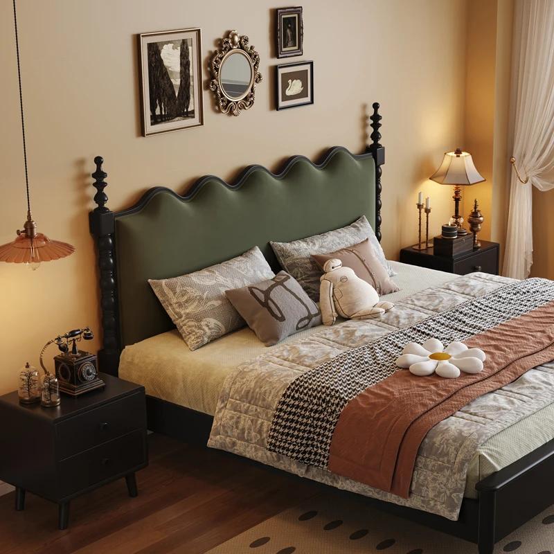 法式实木复古床软包双人床美式简约轻奢简约主卧室婚床中古风床