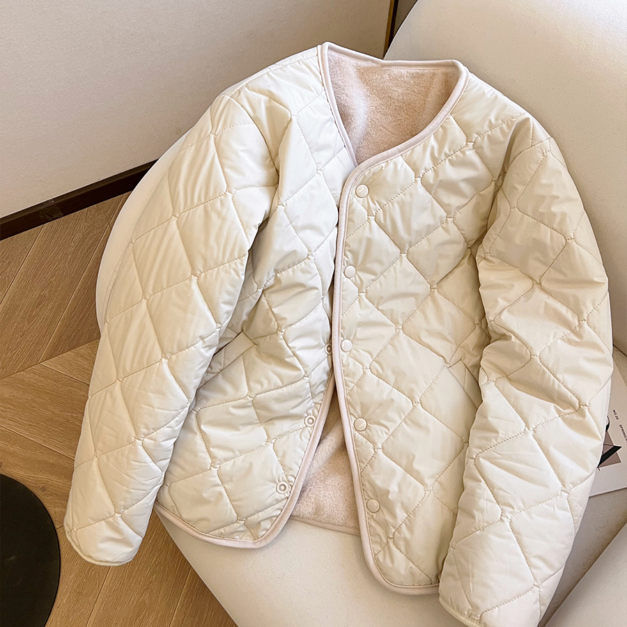 小C家 杏色两面穿保暖棉服女2024冬季新款加厚圆领单排扣棉衣外套