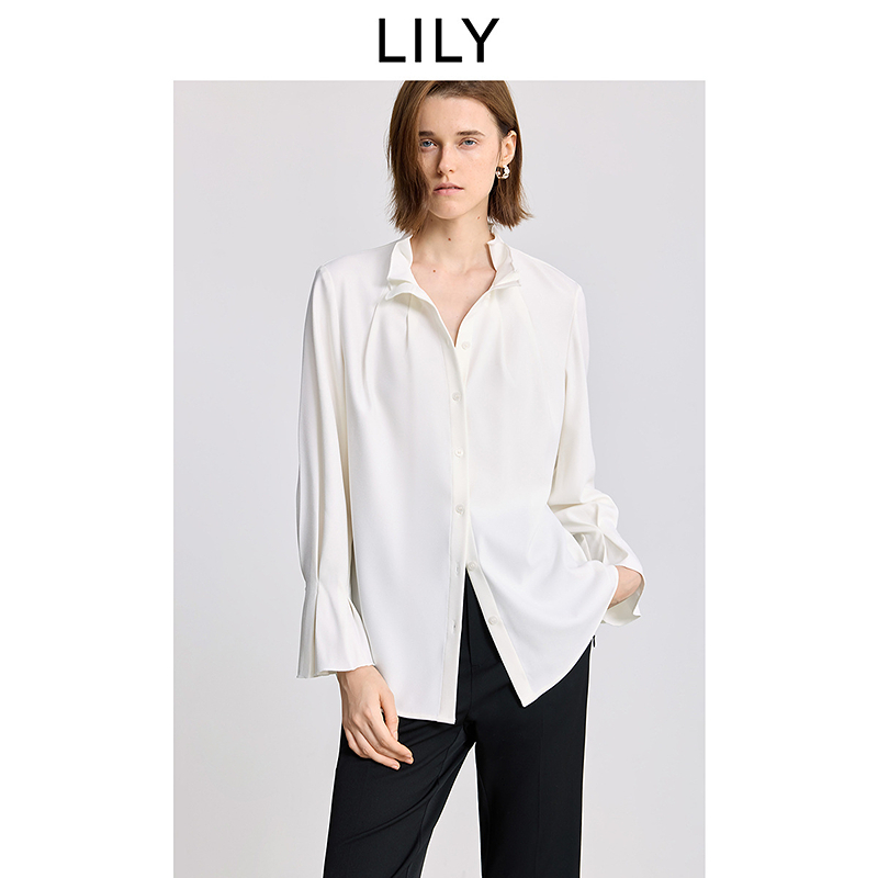 LILY2025冬新款法式半高领拉夫领通勤白色衬衫外套女125419C4909