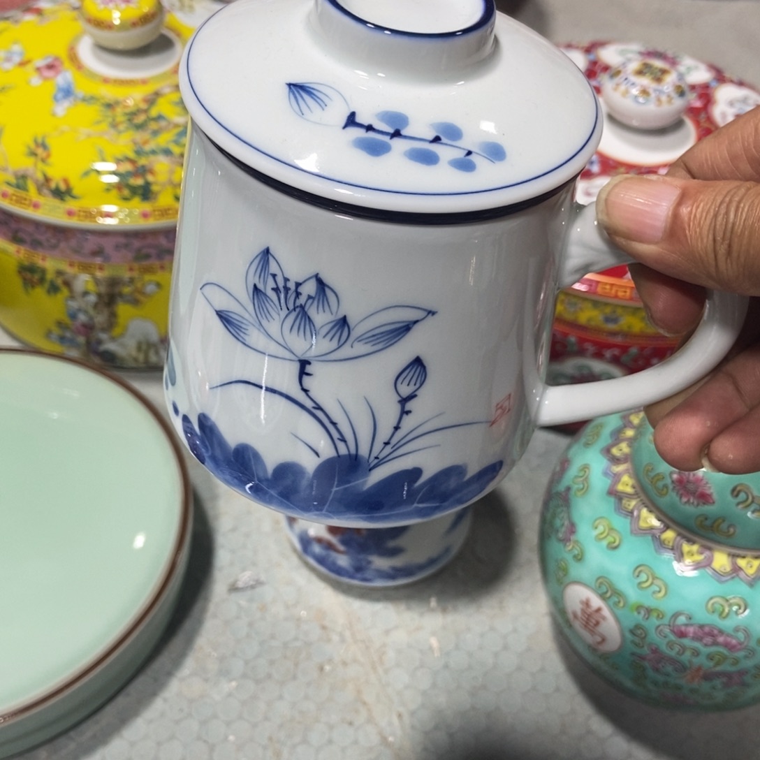 向***活瓷片景德镇陶瓷杯子荷花2个