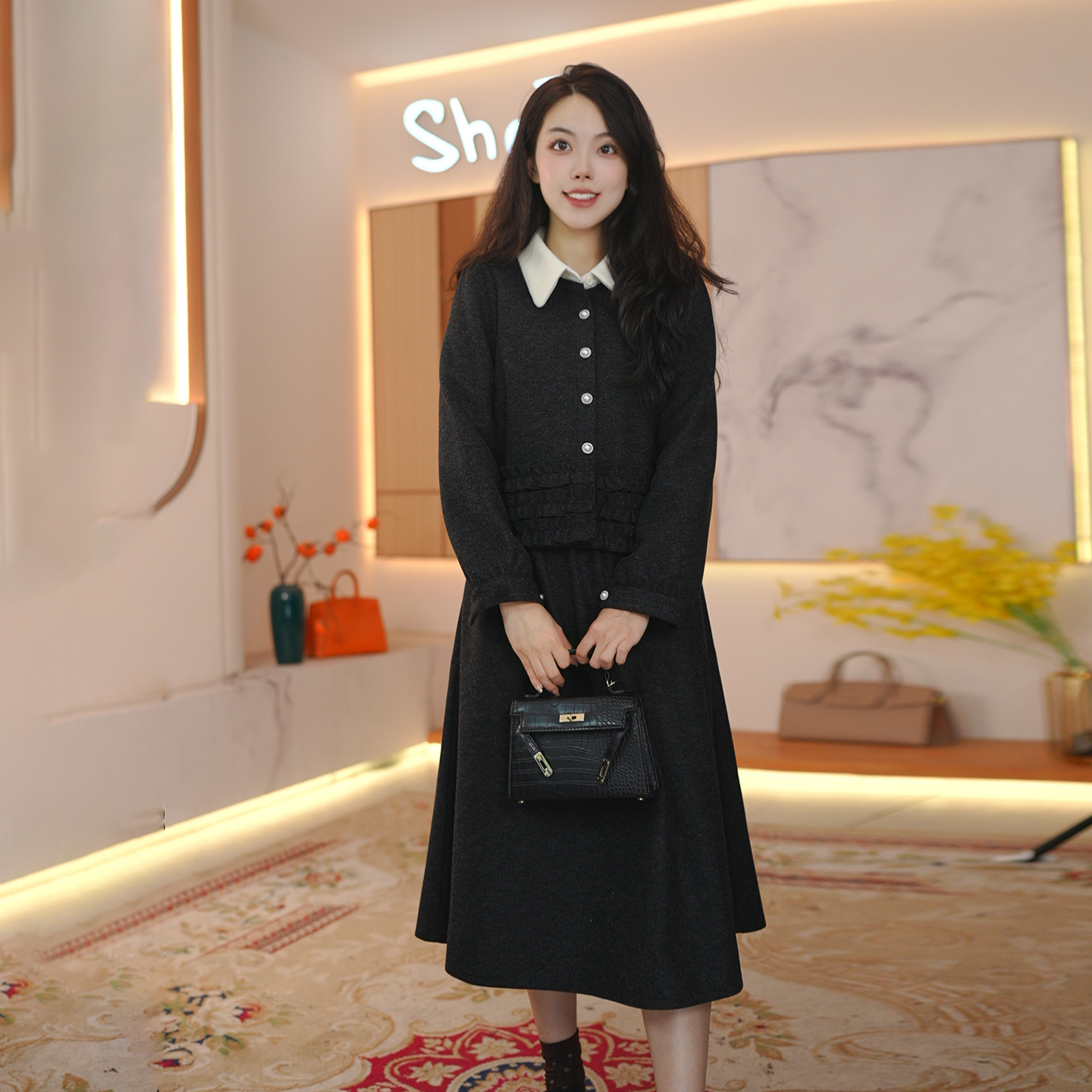 奢姿大码女装2025冬季荷叶边减龄翻领套装胖妹妹轻奢时尚两件套