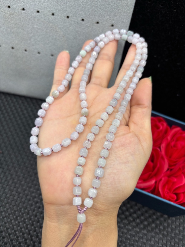 福利天然缅甸A货翡翠紫罗兰多棱珠5mm玉石吊坠绳毛衣链珠链百搭款