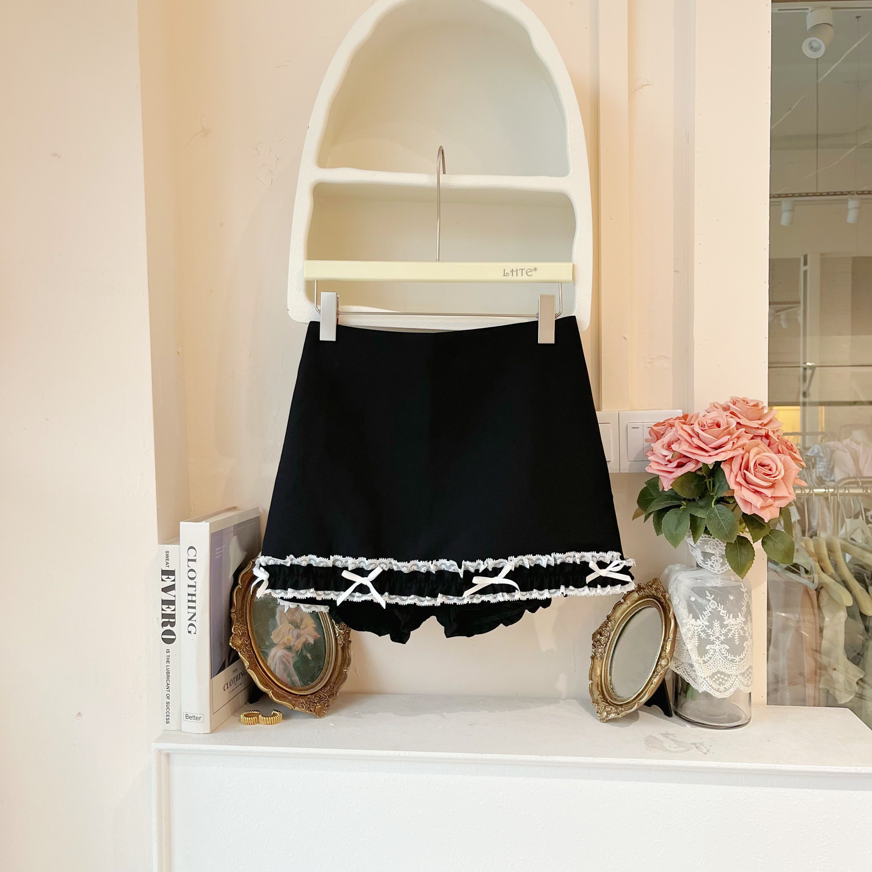 HLTE青青大码女装 夏季高腰显瘦百搭木耳边蕾丝黑色半身裙D1384