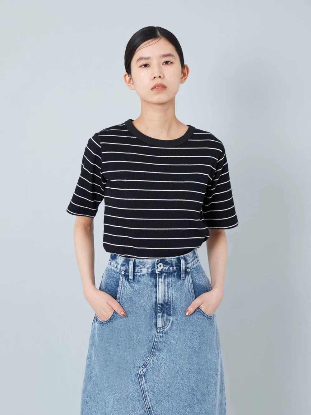 素素外贸原单圆领《条纹黑白短中袖T恤》夏季针织休闲黑色运动