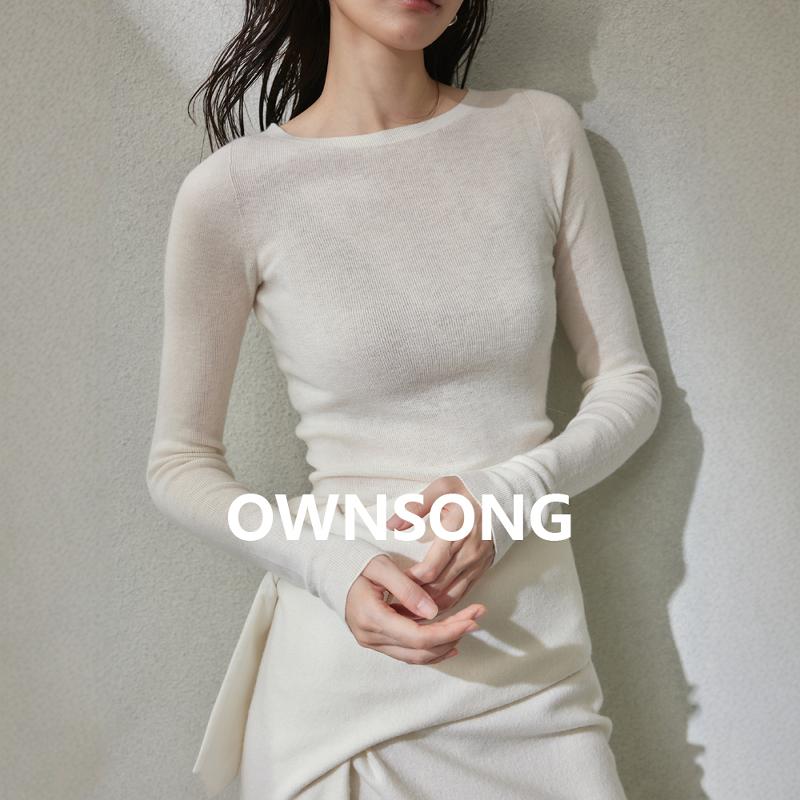 OWNSONG无缝一体圆领羊绒真丝针织打底衫女秋圆领修身长袖毛衣女
