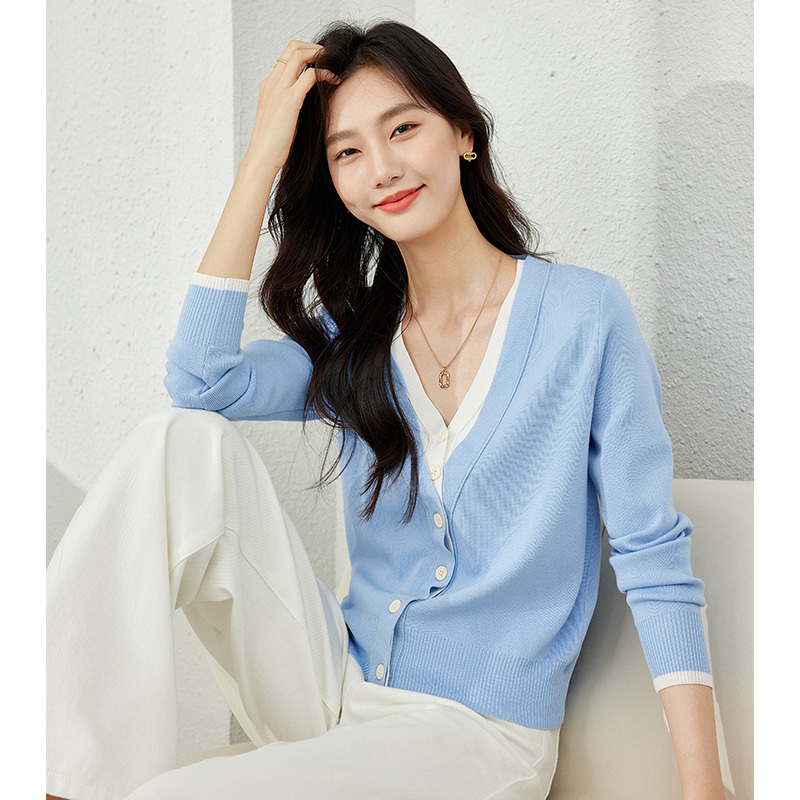 *优雅淑女V领针织衫撞色拼接欧若风假两件上衣72856