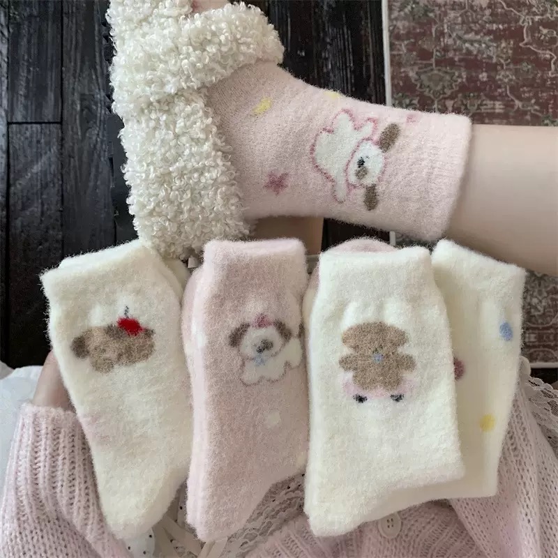 秋冬澳绒粉色小狗袜子保暖加厚睡眠袜卡通可爱家居地板袜