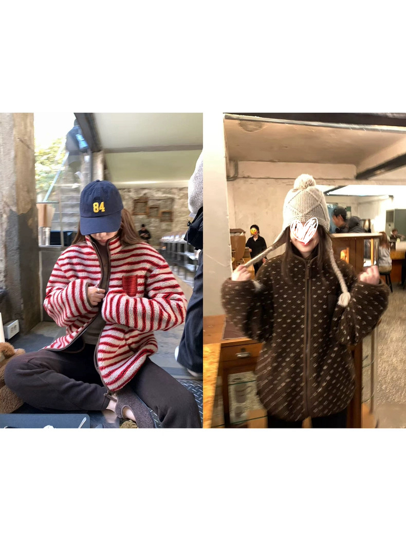 莓莓榛果派’羊羔毛针织拼接小口袋宽松厚外套