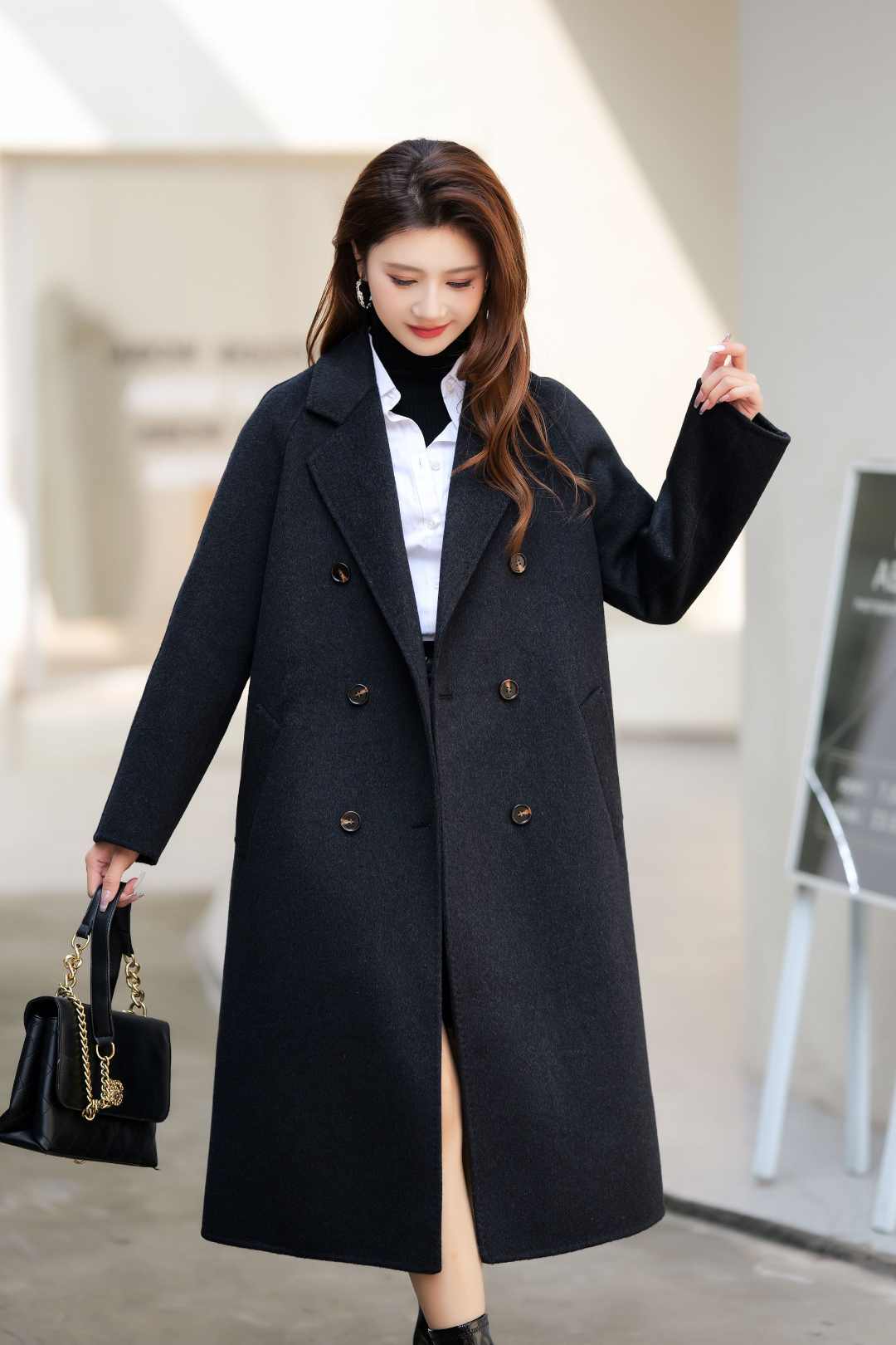 86023双面呢秋冬宽松双排扣毛呢外套