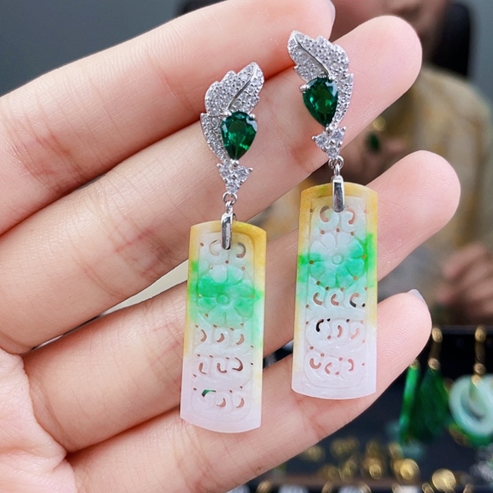 翡翠耳饰银S925镶嵌饰品